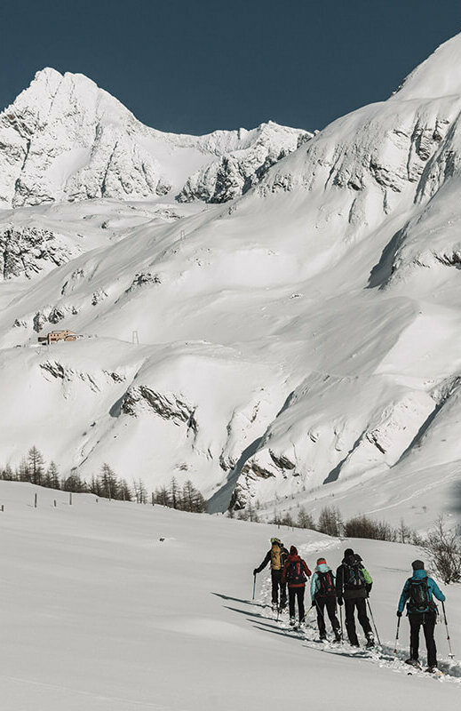Eine Gruppe Schneeschuhwanderer:innen im Ködnitztal mit Blick auf die umliegende Berglandschaft
