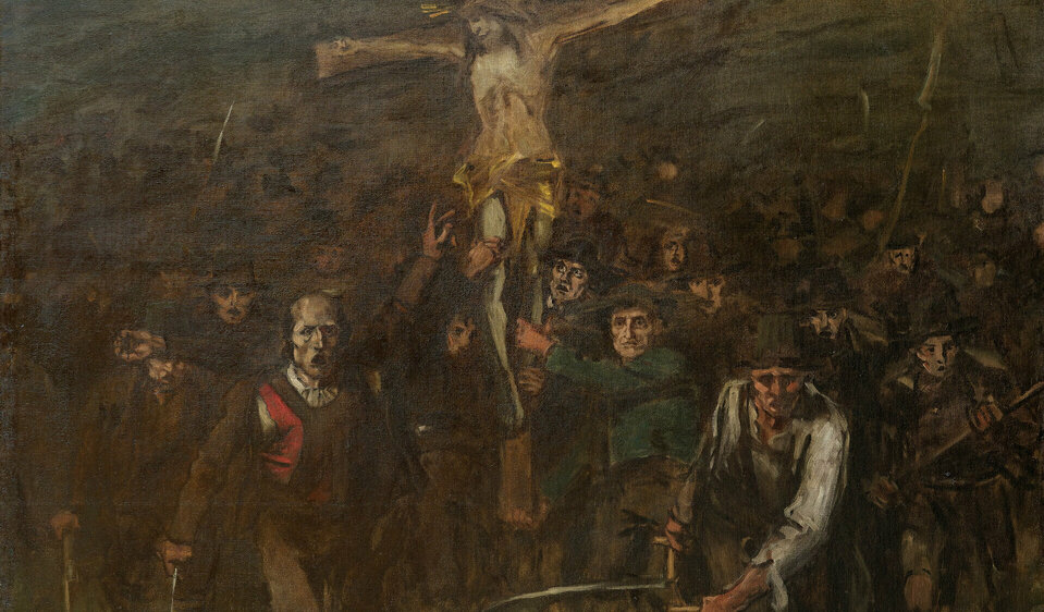 In seinem dunklen Gemälde namens "Das Kreuz" zeigt Egger-Lienz eine dramatische Szene: Eine Menschenmenge zieht durch einen nächtlichen Sturm, während sie ein großes Kruzifix mit einem gekreuzigten Christus tragen. Die Gesichter zeigen Entschlossenheit und Trauer.