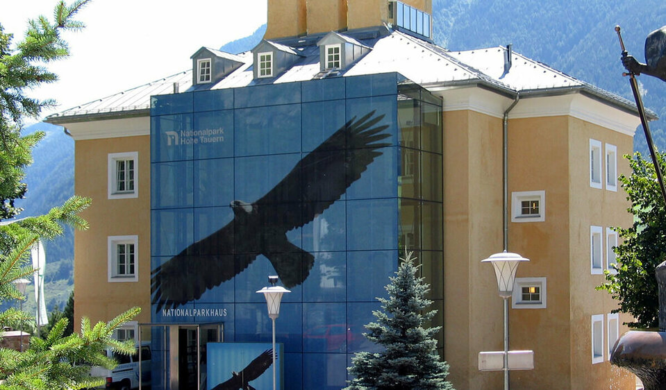 Sommerliche Aussenansicht des Nationalparkhauses in Matrei in Osttirol. An der Glasfassade sieht man einen Bartgeier im Flug