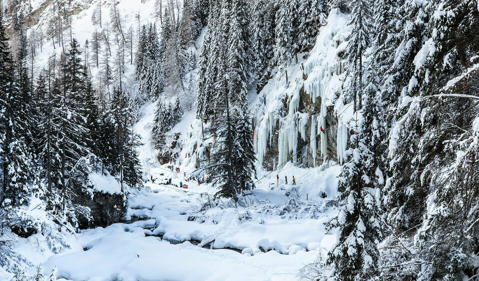 Drei Eiskletterer stehen vor der Eiswand und sehen auf ihr nach oben. Umrahmt wird der Eiskletterpark von tief verschneiten dunkelgrünen Tannenbäumen.