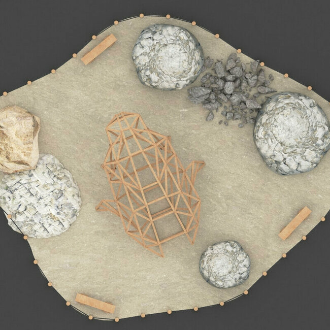 Eine Skizze aus der Ansicht von oben von "Anura dem Frosch", einem Spielgerät von dem Wassermythos Ochsenlacke.