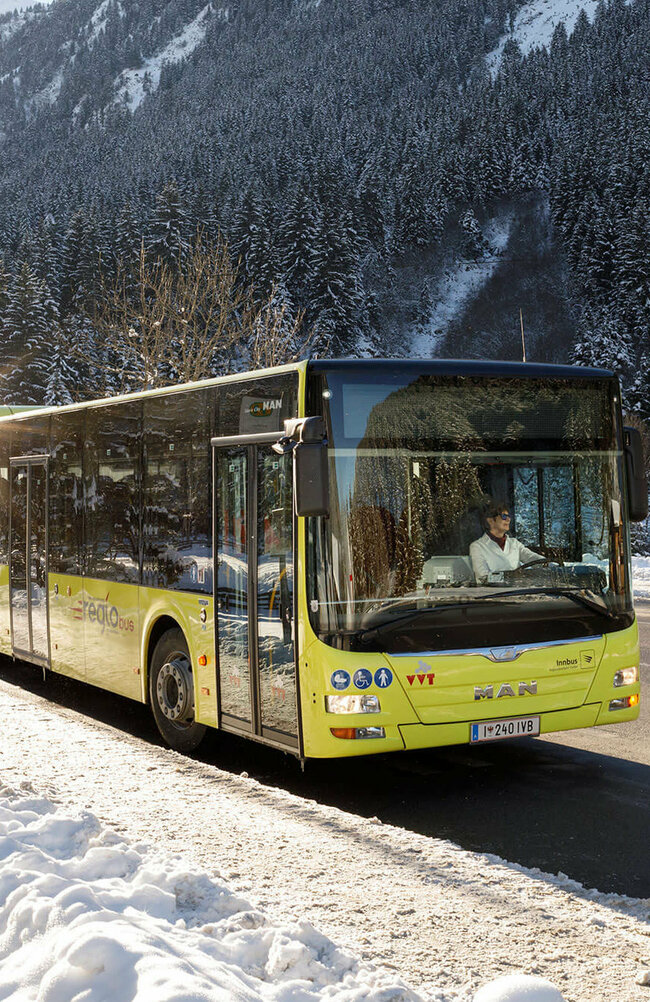 Bus inmitten einer Winterlandschaft.