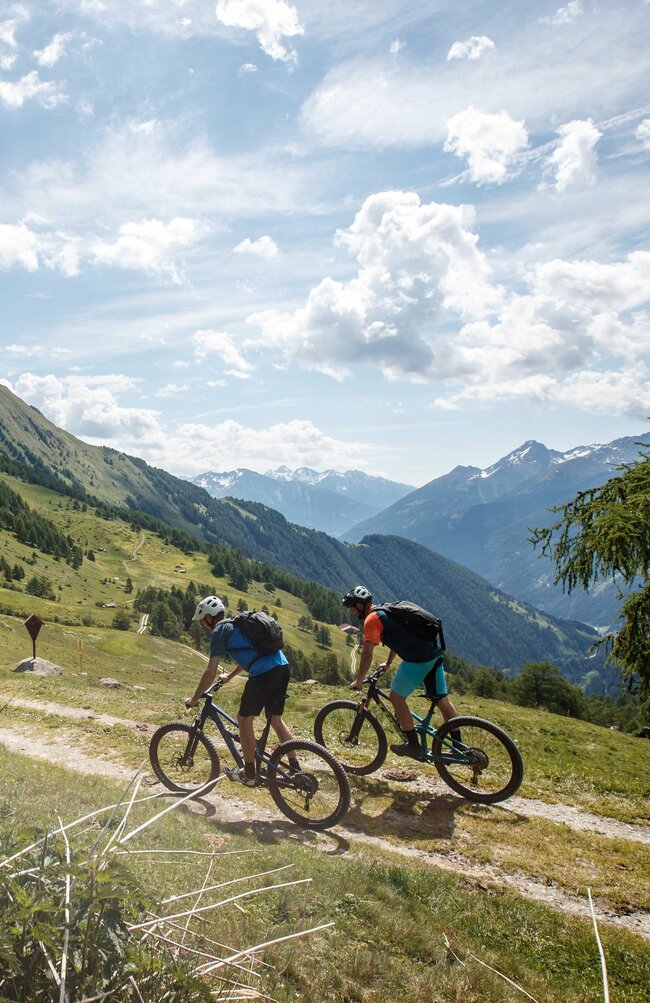 Biketour Timmeltal Zwei Mountainbiker kurz vor der Bodenalm im Timmeltal an einem Sommertag.