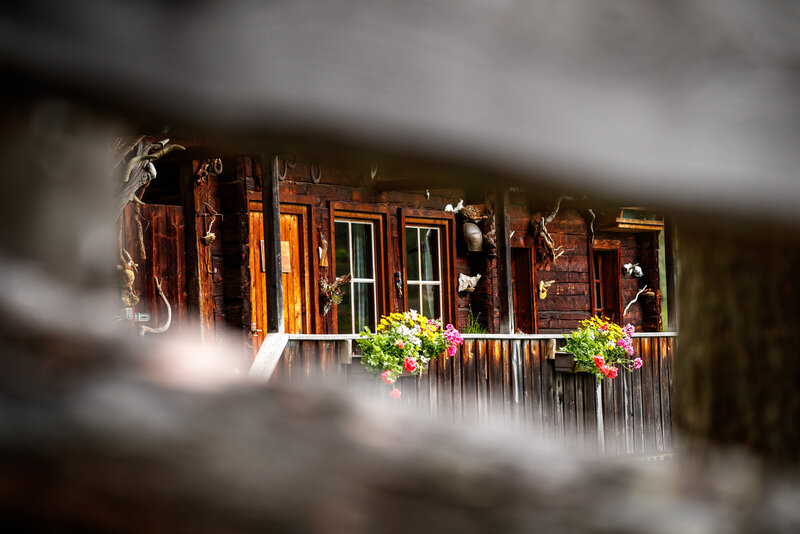 Die urige Lienzer Hütte mit Blumendeko, fotografiert durch einen Spalt des Zaunes.
