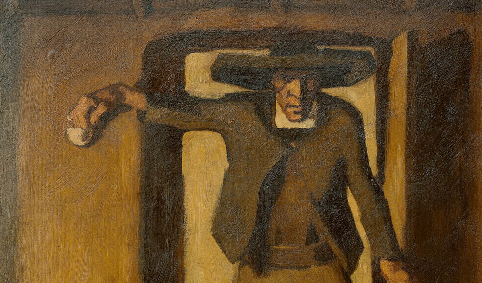 Das Gemälde "Weihbrunn sprengender Bauer" wurde von Albin Egger-Lienz gemalt und stellt einen Bauern dar, der nach dem Betreten eines Raumes in einen Weihwasserkessel neben der Eingangstüre greift.