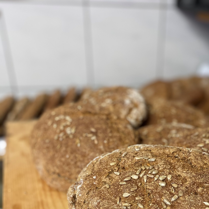 Mehrere Laibe Vollkornbrot mit Körnern.