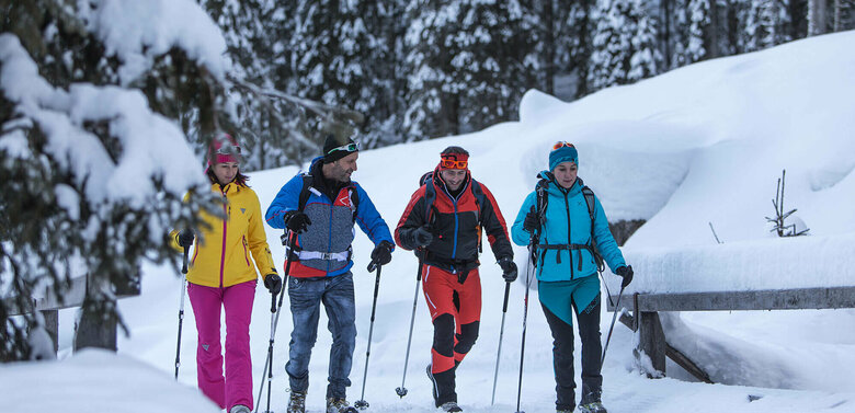 Winterwandern Kartitsch Zwei Pärchen wandern bunt gekleidet in verschneiter Winterlandschaft mit Stöcken ausgerüstet und Rucksack auf einem Winterwanderweg.