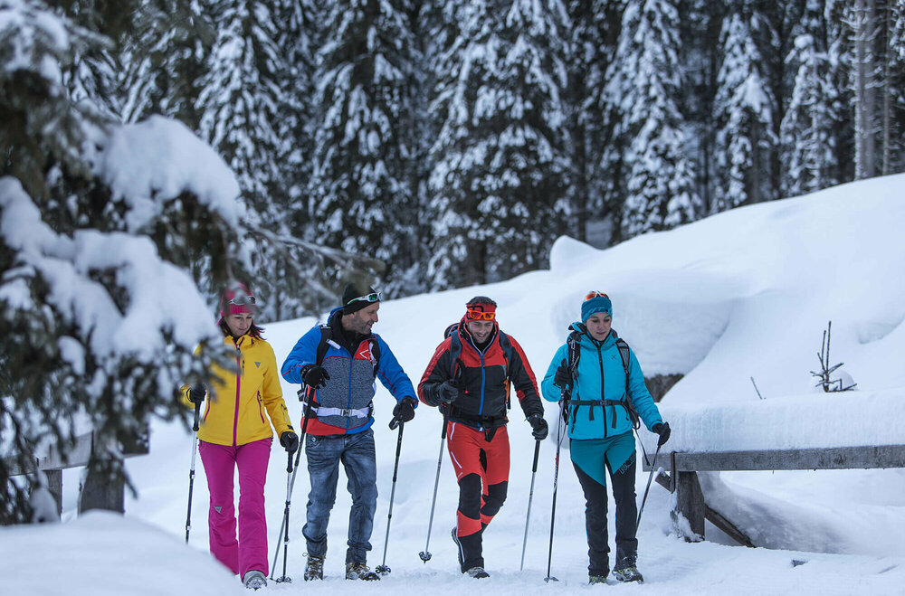 Zwei Pärchen wandern bunt gekleidet in verschneiter Winterlandschaft mit Stöcken ausgerüstet und Rucksack auf einem Winterwanderweg.