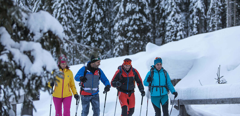 Zwei Pärchen wandern bunt gekleidet in verschneiter Winterlandschaft mit Stöcken ausgerüstet und Rucksack auf einem Winterwanderweg.