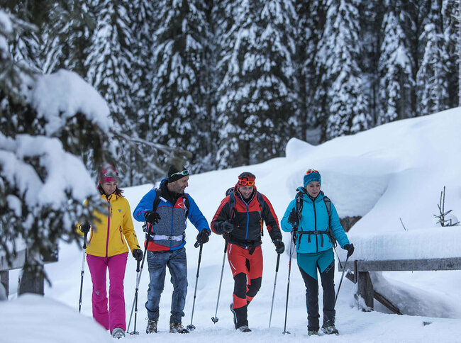 Zwei Pärchen wandern bunt gekleidet in verschneiter Winterlandschaft mit Stöcken ausgerüstet und Rucksack auf einem Winterwanderweg.