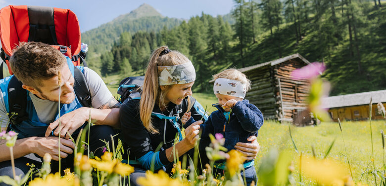 Wiese Familienwanderung Kristeinertal Eine kleine Familie ist im Zuge einer Familienwanderung auf einer Wiese im Kristeinertal. Die Frau und das Kind tragen Stirnbänder und der Mann hat einen roten Trage-rucksack auf dem Rücken. Sie sitzen im grünen Gras.