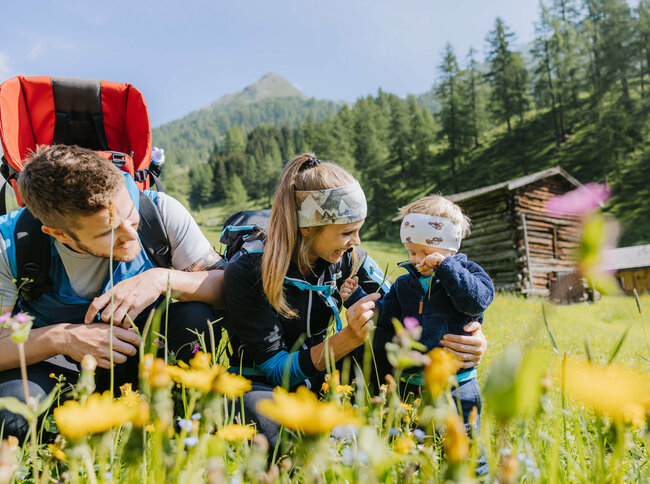Wiese Familienwanderung Kristeinertal Eine kleine Familie ist im Zuge einer Familienwanderung auf einer Wiese im Kristeinertal. Die Frau und das Kind tragen Stirnbänder und der Mann hat einen roten Trage-rucksack auf dem Rücken. Sie sitzen im grünen Gras.