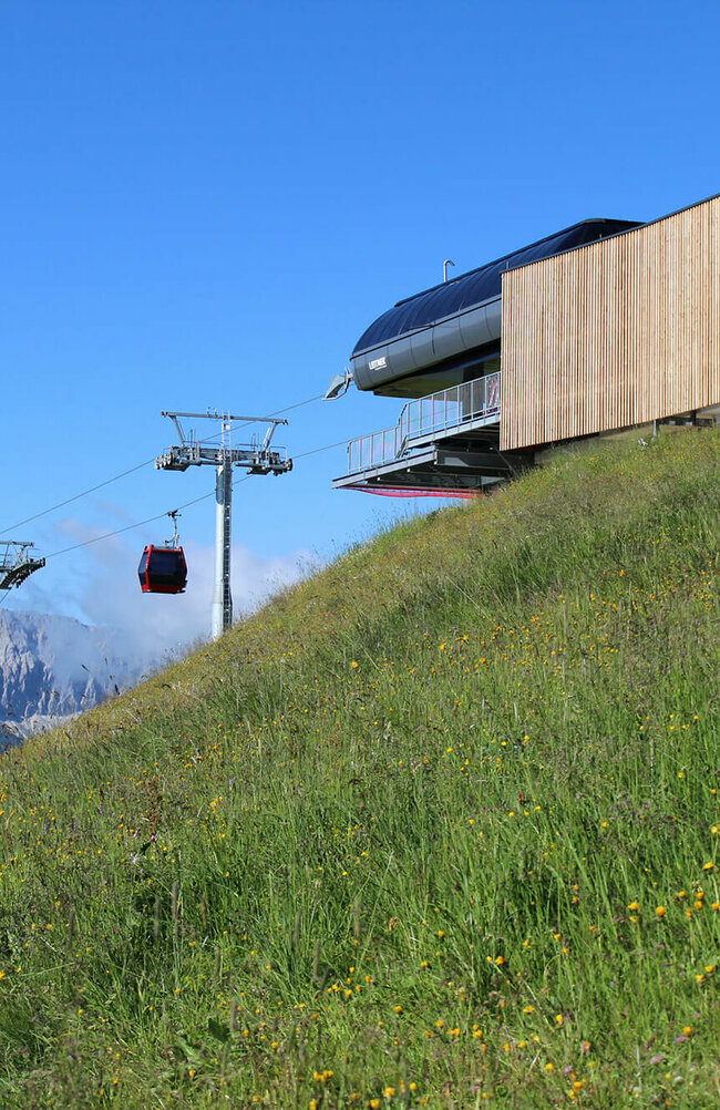 Die Bergstation der Golzentippbahn Blumenreiche, sattgrüne Bergwiese mit Seilbahn-Bergstation in senkrecht verlaufender, leicht verwitterter Holzverkleidung. Die letzten drei Liftstützen vor der Bergstation und eine rote Seilbahngondel sowie der blaue Himmel und im Hintergrund eine halbrunde, markante Felsburg bilden einen schönen Kontrast dazu.