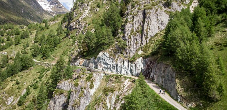 Zwei Mountainbiker auf einem breiten Weg aufwärts im Timmeltal. Zwischen saftig grünen Bäumen stechen schroffe Felsen hervor.