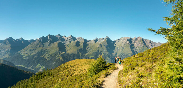 Wandergruppe auf einem schmalen Weg mit Ausblick auf eine Bergkette im Virgental.
