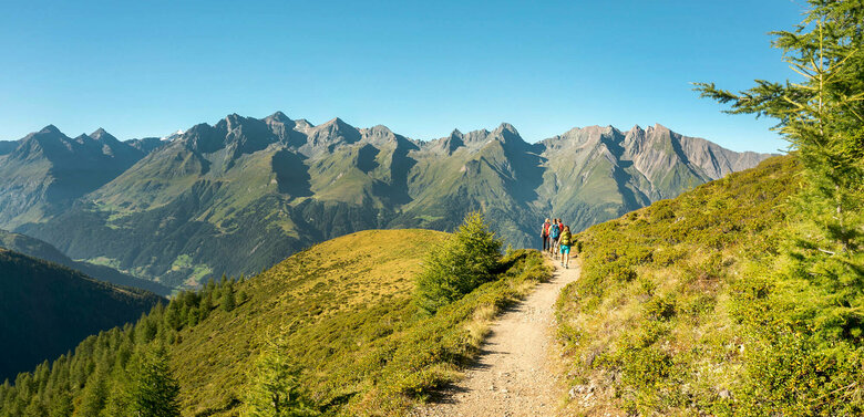 Wandergruppe auf einem schmalen Weg mit Ausblick auf eine Bergkette im Virgental.