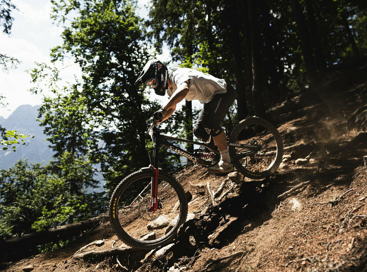 Rasante Abfahrt im Bikepark Lienz Mountainbiker fährt im Bikepark Lienz Hochstein rasant über Waldwurzeln den Berg hinab.