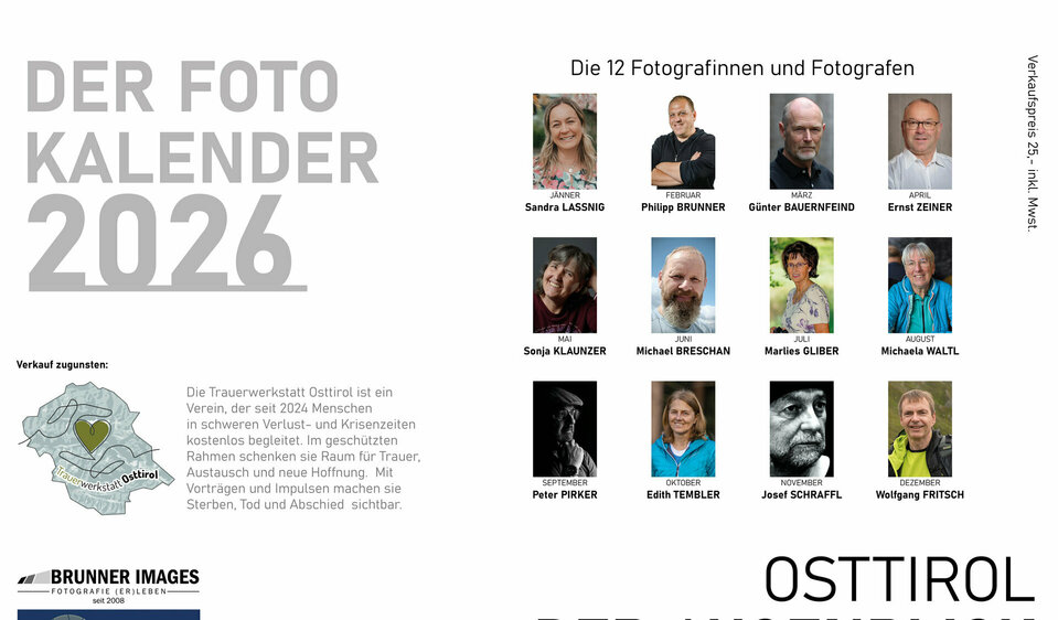 Die zwölf Fotorafinnen und Fotografen, die den Fotokalender 2026 unter dem Motto "Osttirol: Der Augenblick im Fokus", gestaltet haben. "