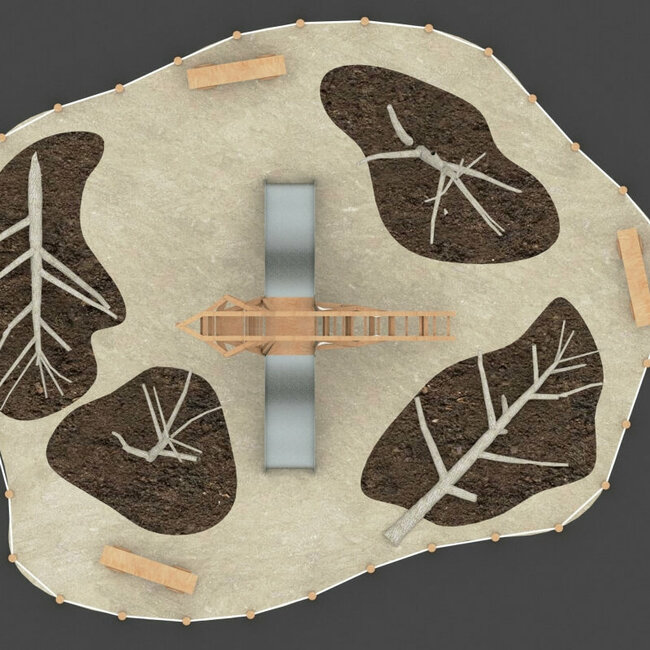 Eine Skizze aus der Ansicht von oben von "Cinni der Wasseramsel", ein Spielgerät welches sich bei dem Wassermythos Ochsenlacke befindet.