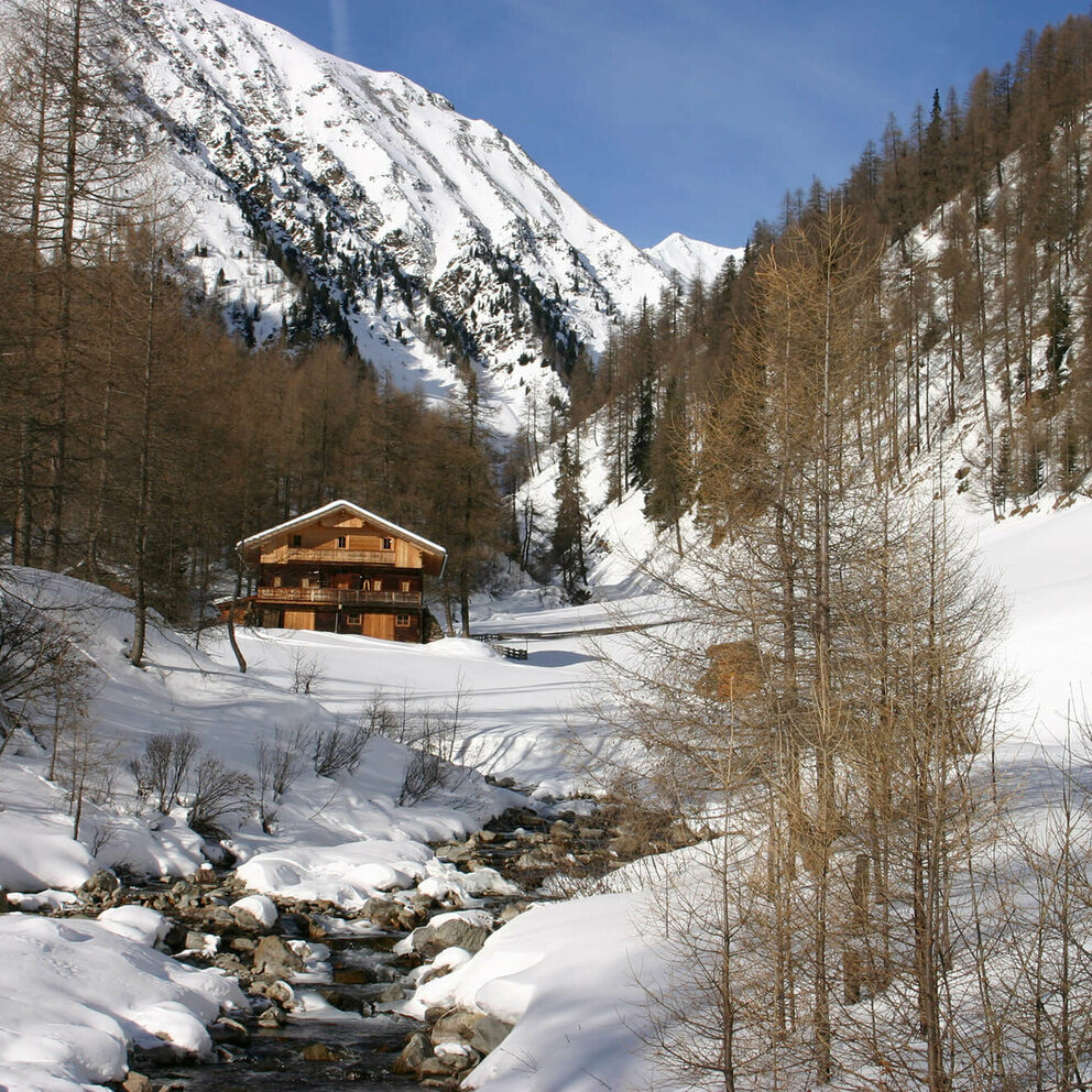 Eine urige, hölzerne Almhütte liegt in der verschneiten Landschaft des Winkeltals in Außervillgraten. Im Hintergrund heben sich die bewaldeten und schneebedeckten Bergwände empor.