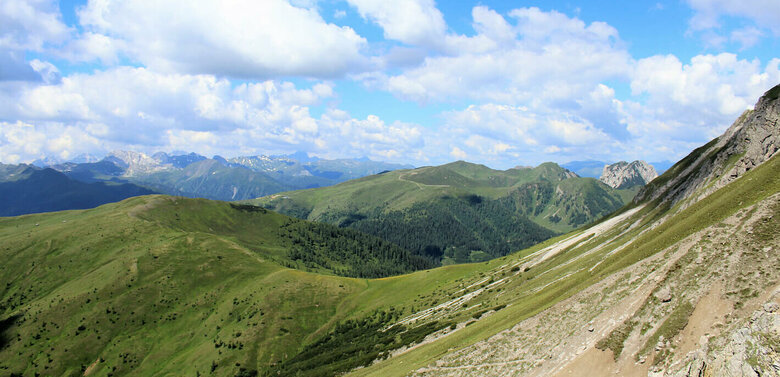 Steile, nach Süden geneigte, sonnige Schotterrinnen im Vordergrund. Im Hintergrund die sanft anmutenden, mit Grasmatten bedeckten Berge der Gailtailer Alpen an einem sonnigen Sommertag. Ein paar kleine Quellwolken zieren den Himmel.