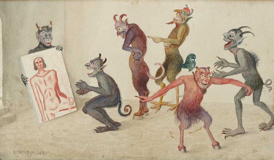 Eine Gruppe karikaturhafter Teufel mit Hörnern und spitzen Ohren betrachtet begeistert ein Bild des Künstlers Albin Egger-Lienz vom Auferstandenen Herr. Die Szene wirkt humorvoll und grotesk zugleich.