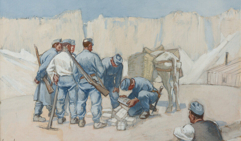 Aquarell einer Gruppe von Männern in blauer Kriegsbekleidung, Feldpost im Hochgebirge erhalten. Im Hintergrund eine helle Felswand.