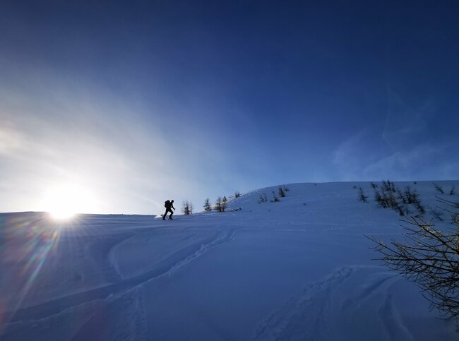 Skitourengeher:innen beim Aufstieg zur Compedal Skihütte bei Sonnenschein.