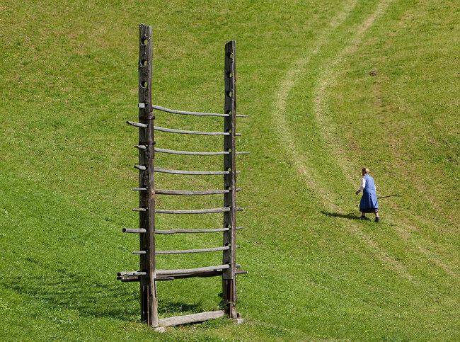 kleines Holzgestell in eienr grünen Wiese mit leicht erkennbaren Wiesenweg