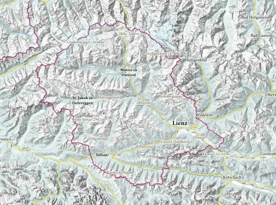 Interaktive Karte Eine Übersichtskarte von Osttirol, welche die verschiedenen Regionen und wichtigsten Orte benennt.