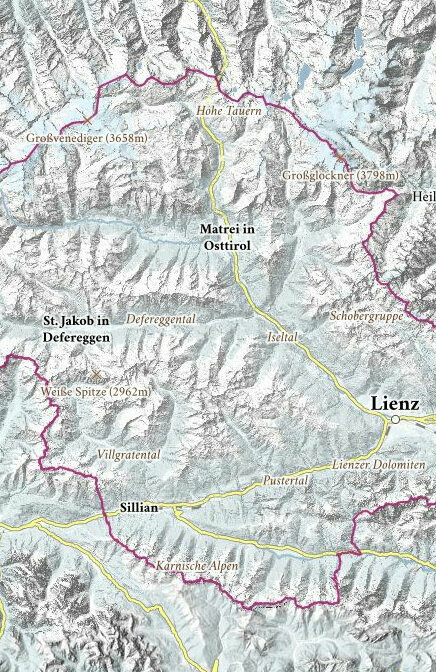 Eine Übersichtskarte von Osttirol, welche die verschiedenen Regionen und wichtigsten Orte benennt.