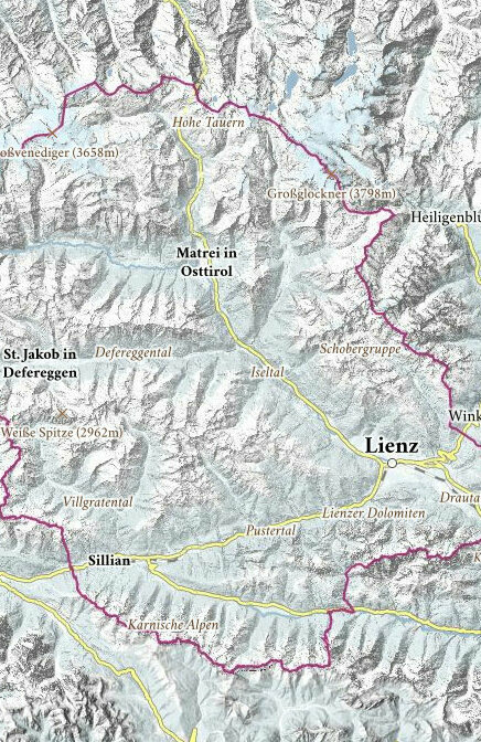 Eine Übersichtskarte von Osttirol, welche die verschiedenen Regionen und wichtigsten Orte benennt.