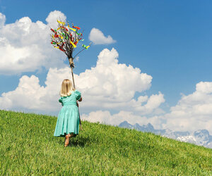 Ein Mädchen auf einer Bergwiese mit einem Palmbesen.