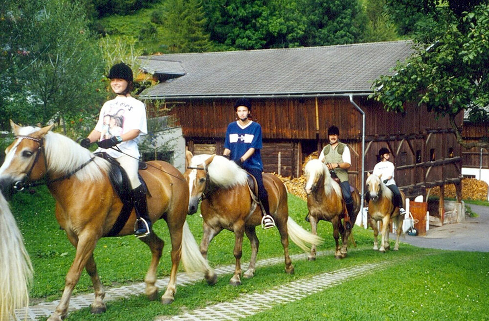Reiten Vier Personen reiten auf Haflingern in einer Reihe vor einem Stall.