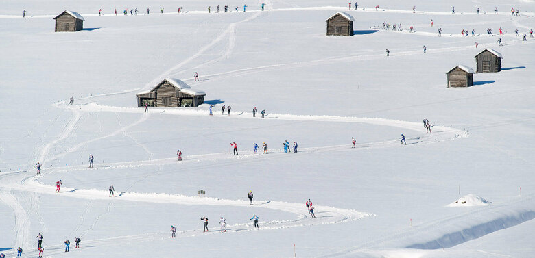 Luftbild vom Dolomitenlauf 2019 der Tilliacher Felder mit den zahlreichen kleinen Stadeln