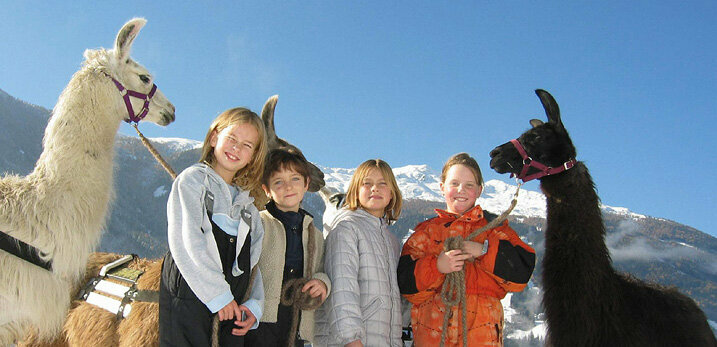 Lama Trekking Winter Gruppe Kinder beim Lamatrekking im Winter