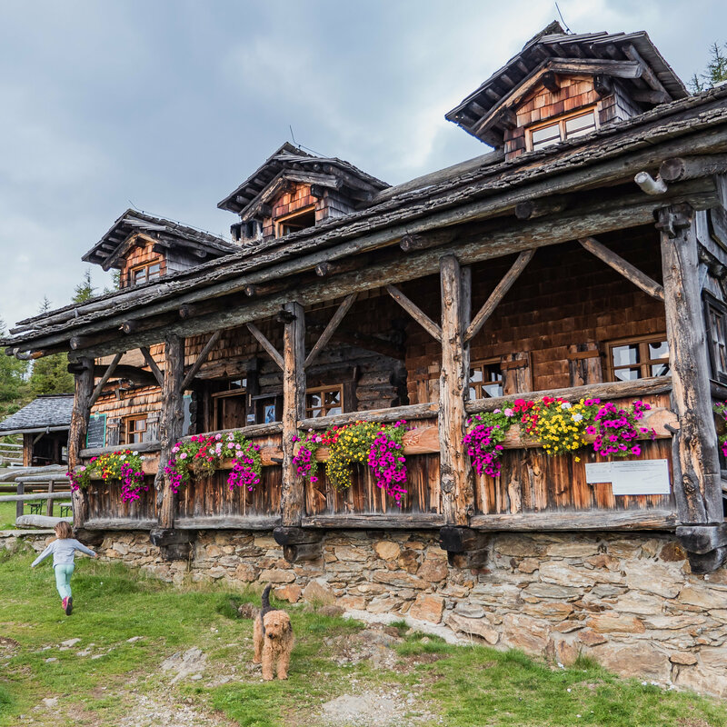 Anna Schutzhaus Das urige Anna Schutzhaus aus Holz mit Blumendeko und spielenden Kindern und einem Hund davor.