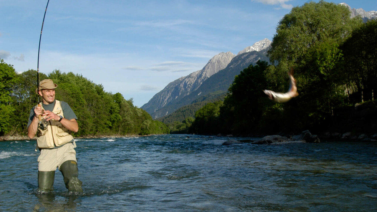 Fliegen fischen Ein Mann mit Hut steht in einem Fluss und ist am Fliegen fischen. An seiner Angel schwingt ein Fisch.